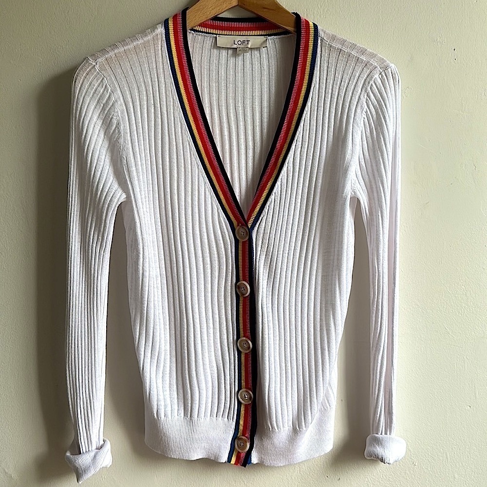 LOFT rainbow trim ribbed cardigan women’s XS